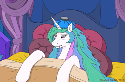 Size: 1024x672 | Tagged: safe, artist:soanos, princess celestia, alicorn, pony, bed, ice pack, sick, solo, thermometer