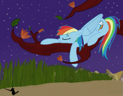 Size: 1006x794 | Tagged: safe, artist:bistmantis, derpibooru import, rainbow dash, pegasus, pony, autumn leaves, eyes closed, grass, mountain, mountain range, night, night sky, sky, sleeping, starry night, stars, tree, tree branch, watermark