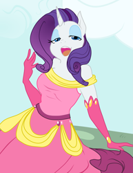 Size: 1645x2133 | Tagged: safe, artist:glacierclear edits, color edit, edit, editor:mennydrives, rarity, anthro, clothes, colored, dress, gala dress, gloves, looking at you, solo