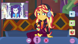 Size: 1336x752 | Tagged: safe, screencap, rarity, sunset shimmer, better together, equestria girls, festival looks, clothes, cutie mark on clothes, geode of empathy, headphones, jacket, jeans, magical geodes, pants, picture in picture, rarity's bedroom, sofa, sunset's apartment, webcam