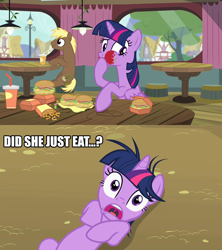 Size: 1280x1440 | Tagged: safe, derpibooru import, edit, edited screencap, screencap, coco crusoe, twilight sparkle, twilight sparkle (alicorn), alicorn, pony, lesson zero, twilight time, burger, cuckolding in the description, drama, female, food, hamburger, mare, op is a cuck, that pony sure does love burgers, the duck goes kwark, twilight burgkle