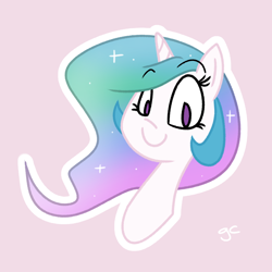 Size: 800x800 | Tagged: safe, artist:grilledcat, princess celestia, alicorn, pony, bust, female, horn, mare, missing accessory, pink background, portrait, simple background, small horn, smiling, solo