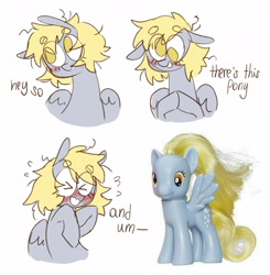 Size: 1920x1957 | Tagged: safe, artist:quiet-bunny, derpy hooves, pegasus, pony, alternate hairstyle, blushing, cute, derpabetes, meme, messy mane, no pupils, ponified meme, toy