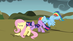 Size: 1920x1080 | Tagged: safe, derpibooru import, screencap, fluttershy, rainbow dash, twilight sparkle, pegasus, pony, unicorn, dragonshy, dragon mountain, faceful of ass, female, map, mare, mountain, out of context, pushing, rump push, saddle bag