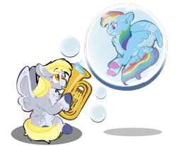 Size: 1280x1056 | Tagged: safe, artist:kiwi4578, derpy hooves, rainbow dash, pegasus, pony, bubble, duo, in bubble, musical instrument, simple background, transparent background, tuba