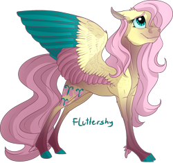 Size: 1280x1204 | Tagged: safe, artist:thepoisonjackal, fluttershy, pegasus, pony, alternate design, colored hooves, colored wings, colored wingtips, fangs, feather, feathered fetlocks, multicolored wings, realistic, realistic horse legs, scar, solo