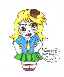 Size: 1280x1551 | Tagged: safe, artist:jimsupreme, derpy hooves, equestria girls, blushing, chibi, food, muffin, solo, traditional art