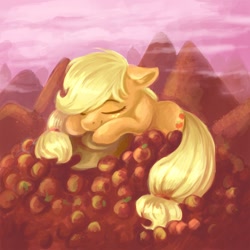 Size: 1000x1000 | Tagged: safe, artist:dearmary, applejack, earth pony, pony, apple, cute, eyes closed, jackabetes, sleeping, smiling, solo