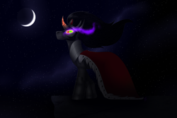 Size: 4500x3000 | Tagged: safe, artist:kobayashi-maruu, derpibooru import, king sombra, pony, unicorn, absurd resolution, cape, clothes, crescent moon, glowing eyes, male, moon, night, solo, sombra eyes, stallion, stars