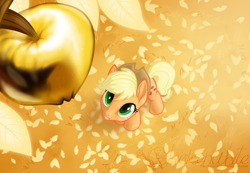 Size: 1188x821 | Tagged: safe, artist:chickenwhite, applejack, earth pony, pony, apple, golden apple, looking up, solo