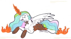 Size: 1024x560 | Tagged: safe, artist:artistnjc, nightmare star, princess celestia, oc, oc:solar flare, alicorn, pony, corrupted, crying, ethereal mane, fire, magma, mane of fire, prone, sharp teeth, simple background, solo, tears of pain, traditional art, transformation