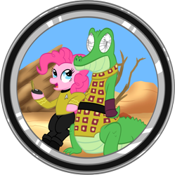 Size: 2427x2436 | Tagged: safe, artist:athos01, gummy, pinkie pie, earth pony, pony, clothes, communicator, crossover, gorn, james t kirk, star trek, star trek (tos), uniform, vector