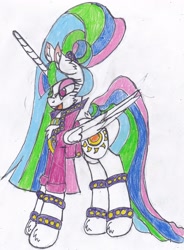 Size: 2296x3118 | Tagged: safe, artist:cuddlelamb, princess celestia, alicorn, pony, alternate hairstyle, bracelet, clothes, cosplay, costume, countess coloratura, jacket, jewelry, ponytail, simple background, solo, traditional art