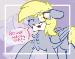 Size: 1920x1513 | Tagged: safe, artist:kimjoman, derpy hooves, pegasus, pony, coronavirus, covid-19, dialogue, eye clipping through hair, female, letter, looking at you, mare, mouth hold, one eye closed, smiling, wink, zoom layer