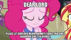 Size: 600x337 | Tagged: safe, edit, edited screencap, screencap, pinkie pie, sunset shimmer, equestria girls, friendship games, caption, image macro, pinkie pie praying, praying, text