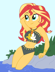 Size: 2452x3188 | Tagged: safe, artist:eli-j-brony, sunset shimmer, better together, equestria girls, arm behind head, armpits, bare shoulders, beautiful, belly button, bikini, clothes, cute, female, geode of empathy, magical geodes, midriff, rock, shimmerbetes, solo, summer sunset, swimsuit, water