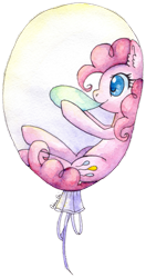 Size: 649x1232 | Tagged: safe, artist:0okami-0ni, pinkie pie, earth pony, pony, balloon, blowing up balloons, ear fluff, female, mare, pinkie pie trapped in a balloon, smiling, solo, traditional art, watercolor painting