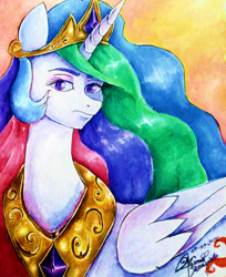 Size: 1460x1792 | Tagged: safe, artist:mannybcadavera, princess celestia, alicorn, pony, female, horn, mare, multicolored mane, solo, traditional art, white coat