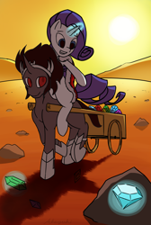 Size: 2561x3801 | Tagged: safe, artist:akayuki, derpibooru import, king sombra, rarity, pony, unicorn, accessory swap, cart, female, gem, high res, magic, male, ponies riding ponies, shipping, smiling, sombrarity, straight, sun