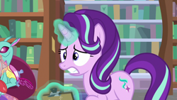 Size: 1920x1080 | Tagged: safe, screencap, ocellus, spiracle, starlight glimmer, changeling, pony, unicorn, a horse shoe-in, female, magic, magic aura, mare, telekinesis