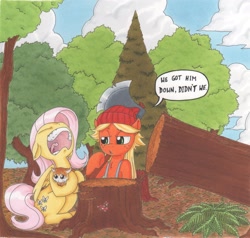 Size: 2334x2226 | Tagged: safe, artist:mohawkrex, applejack, fluttershy, cat, earth pony, pegasus, pony, axe, lumberjack, timber, tree