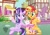 Size: 1023x723 | Tagged: safe, artist:elguere, artist:rerorir, starlight glimmer, sunset shimmer, pony, unicorn, base used, cup, duo, female, food, grin, hoof hold, looking at each other, mare, open mouth, open smile, raised hoof, raised leg, sitting, smiling, smiling at each other, stool, table, tea, teacup, teapot