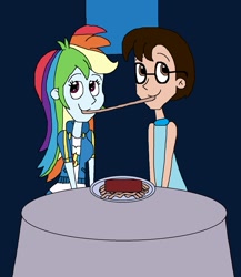 Size: 1273x1465 | Tagged: safe, artist:hunterxcolleen, derpibooru import, rainbow dash, oc, oc:stewart gary, human, better together, equestria girls, bella notte, eating, food, intestines, lady and the tramp, pasta, plate, spaghetti, table, tomato sauce
