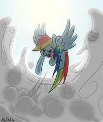 Size: 792x936 | Tagged: safe, artist:no-ink, derpibooru import, rainbow dash, pegasus, pony, action pose, cloud, monochrome, sky, solo, sun