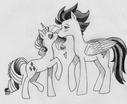 Size: 588x480 | Tagged: safe, artist:jade909aj, rarity, soarin', pony, unicorn, crack shipping, female, grayscale, kissing, male, monochrome, shipping, soarity, straight