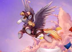 Size: 3509x2550 | Tagged: safe, artist:pridark, derpy hooves, pegasus, pony, bag, clothes, digital art, epic derpy, female, flying, hat, letter, mail, mailbag, mailmare, mailpony, mare, mouth hold, remake, sky, solo, uniform, working