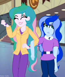 Size: 1684x2011 | Tagged: safe, artist:asika-aida, princess celestia, princess luna, principal celestia, vice principal luna, equestria girls, duo, linked arms, luna is not amused, sisters, unamused