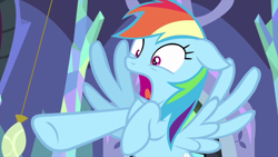 Size: 1280x720 | Tagged: safe, derpibooru import, screencap, rainbow dash, pegasus, pony, ail-icorn, spoiler:interseason shorts, female, floppy ears, mare, open mouth, raised hoof, solo, spread wings, wings