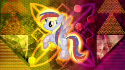 Size: 2560x1440 | Tagged: safe, artist:cloudyglow, artist:laszlvfx, edit, derpy hooves, pegasus, pony, female, flying, mare, rainbow power, solo, wallpaper, wallpaper edit