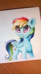 Size: 711x1266 | Tagged: safe, artist:ifmsoul, derpibooru import, rainbow dash, pegasus, pony, chest fluff, cutie mark, ear fluff, eye clipping through hair, female, folded wings, happy, mare, open mouth, smiling, solo, standing, traditional art, wings