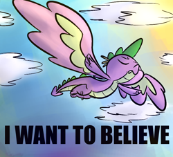 Size: 770x700 | Tagged: dead source, safe, artist:rustydooks, artist:tess, spike, dragon, awesome in hindsight, eyes closed, flying, hilarious in hindsight, i want to believe, male, sky, solo, winged spike, wings