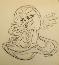 Size: 1023x1139 | Tagged: safe, artist:lauren faust, fluttershy, fennec fox, pegasus, pony, floppy ears, monochrome, sketch, spread wings, traditional art