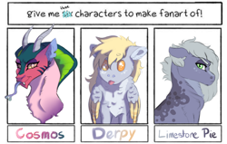 Size: 3000x1907 | Tagged: safe, artist:venommocity, idw, cosmos (character), derpy hooves, limestone pie, draconequus, earth pony, pegasus, pony, :p, bust, female, forked tongue, mare, six fanarts, tongue out, two toned wings, wings