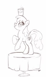 Size: 768x1280 | Tagged: safe, artist:mew, berry punch, berryshine, earth pony, pony, balancing, female, glass, glass of water, grin, looking up, mare, monochrome, on table, rearing, smiling, solo, table