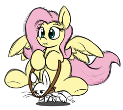 Size: 1400x1250 | Tagged: safe, artist:ramott, angel bunny, fluttershy, pegasus, pony, :i, context is for the weak, reins, riding, simple background, underhoof, wat, we bought two cakes, white background