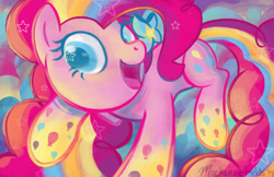 Size: 1280x828 | Tagged: safe, artist:ghostlymuse, pinkie pie, pony, twilight's kingdom, bow, colored pupils, cute, diapinkes, hair bow, happy, open mouth, rainbow power, rainbow power-ified, solo, stars