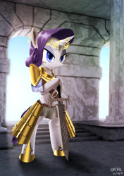 Size: 2079x2953 | Tagged: safe, artist:satv12, rarity, pony, semi-anthro, unicorn, armor, armorarity, backlighting, bipedal, hoof hold, horn jewelry, jewelry, solo, sword, tiara, weapon