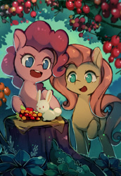 Size: 600x873 | Tagged: safe, artist:huaineko, fluttershy, pinkie pie, earth pony, pegasus, pony, rabbit, berry, food, happy, pixiv, raised hoof, tree stump