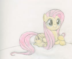 Size: 2037x1689 | Tagged: safe, artist:j4m35c, fluttershy, pegasus, pony, prone, sitting, solo, traditional art