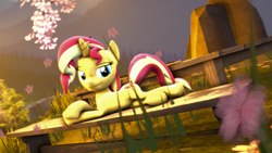 Size: 3840x2160 | Tagged: safe, artist:alicorntwilysparkle, sunset shimmer, pony, unicorn, 3d, 4k, cute, draw me like one of your french girls, female, flower, grass, lidded eyes, looking at you, mare, picnic table, prone, shimmerbetes, smiling, solo, source filmmaker, table