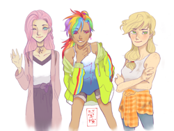 Size: 2048x1536 | Tagged: safe, artist:show-a-bit-of-teeth, derpibooru import, applejack, fluttershy, rainbow dash, human, clothes, crossed arms, dress, ear piercing, earring, female, group shot, humanized, jacket, jeans, jewelry, leaning forward, looking at you, one eye closed, pants, piercing, simple background, smiling, tanktop, trio, trio female, waving, white background, wink