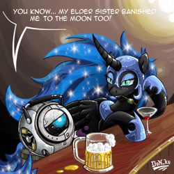 Size: 600x600 | Tagged: safe, artist:don-ko, nightmare moon, alicorn, pony, alcohol, bar, beer, cocktail glass, conversation, crossover, curved horn, duo, female, food, horn, mare, personality core, portal (valve), wheatley