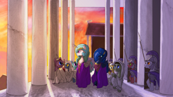 Size: 2870x1614 | Tagged: safe, artist:aaronmk, princess celestia, princess luna, alicorn, pony, celestia worship, clothes, hair over one eye, legionary, priest, roman, soldier, toga