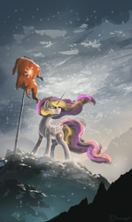 Size: 1200x2007 | Tagged: dead source, safe, artist:shamanguli, princess celestia, alicorn, pony, flag, missing accessory, snow, snowfall, solo, windswept mane