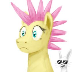 Size: 800x800 | Tagged: safe, artist:unsavorydom, angel bunny, fluttershy, pegasus, pony, alternate hairstyle, frown, grin, mohawk, sunglasses