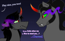 Size: 900x564 | Tagged: safe, artist:tambelon, derpibooru import, king sombra, oc, oc:opalescent pearl, pony, unicorn, dark magic, magic, male, sombra eyes, sombralescent, stallion